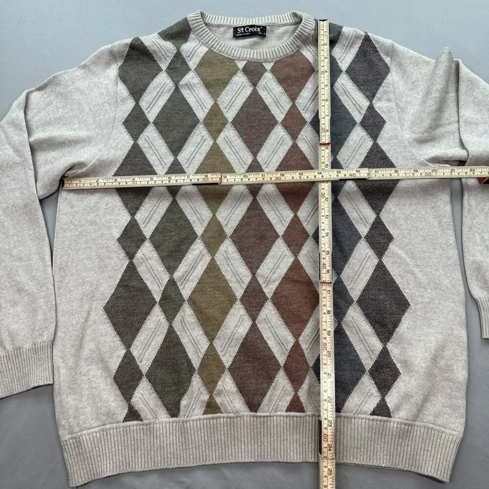 St Croix Sweater Mens Medium Brown Diamond Argyle Cottage Retro USA